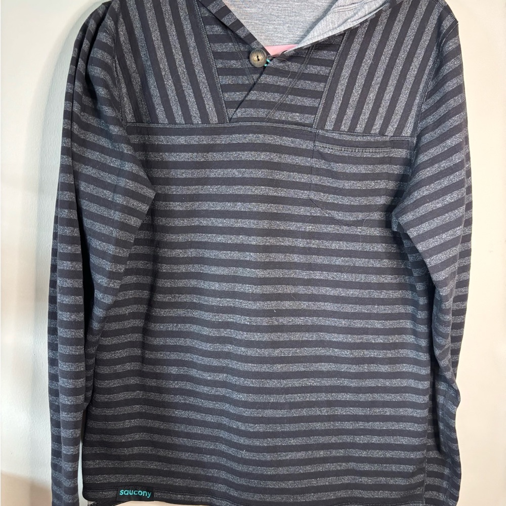 Saucony Gray V-Neck Striped Sweatshirt Size M